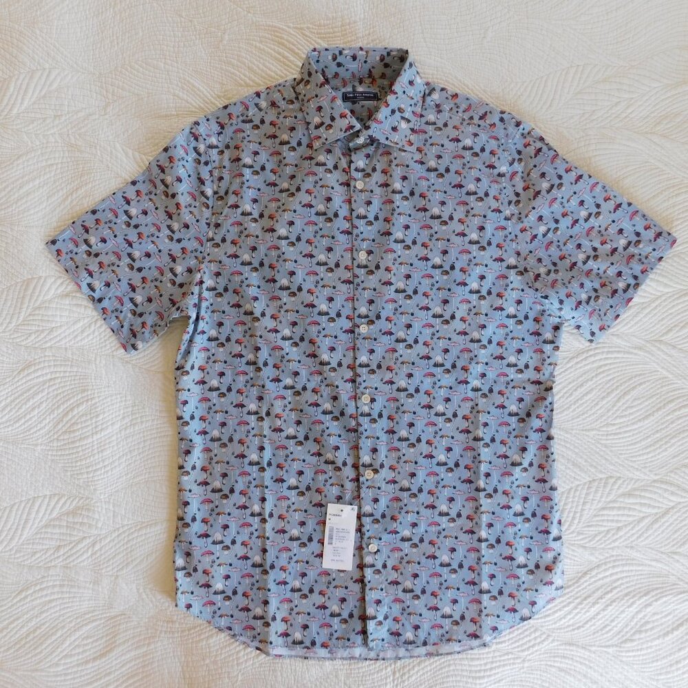 NWT Saks Fifth Ave novelty graphic mushroom print slim fit SS button camp shirt - Picture 2 of 16
